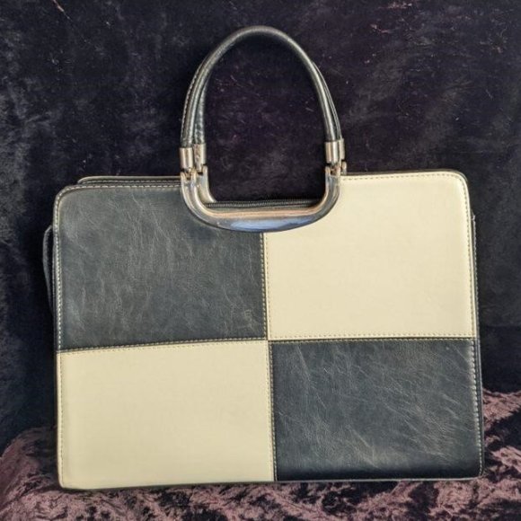 Flora Louis Leather Checkerboard Handbag Purse Excellent Black & White, Timeless - Picture 3 of 16
